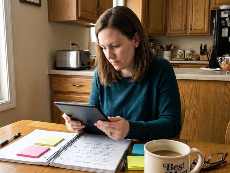 A parent browsing a bouncy castle hire website on a tablet at a kitchen table