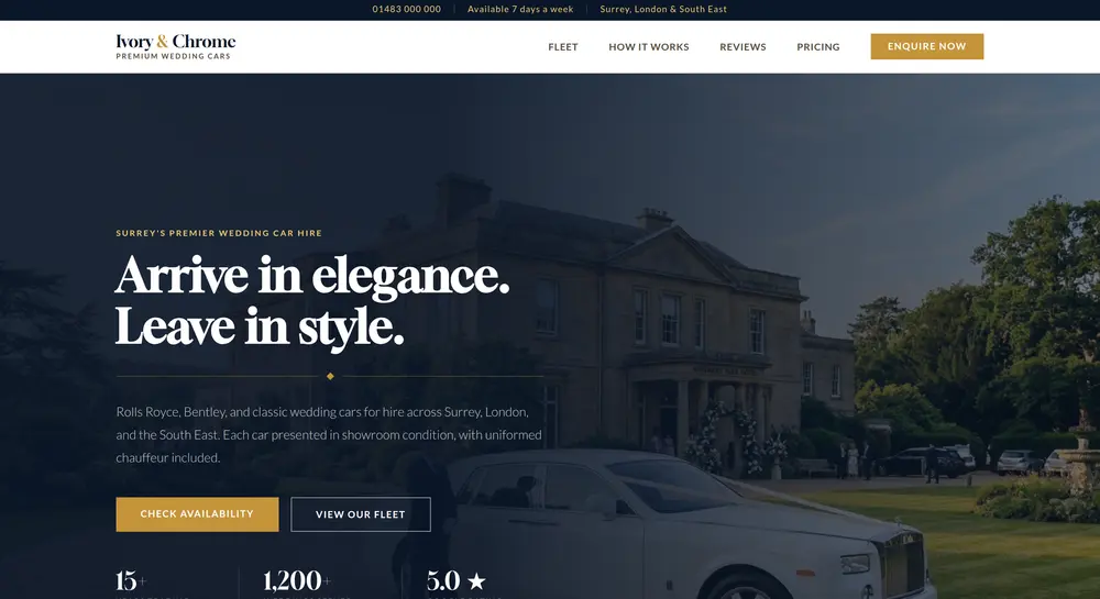 Web design concept for Ivory & Chrome - Wedding car hire in Surrey