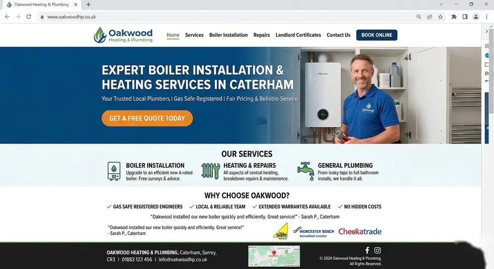 Web design concept for Oakwood Heating & Plumbing - Plumber / Heating engineer in Caterham, Surrey