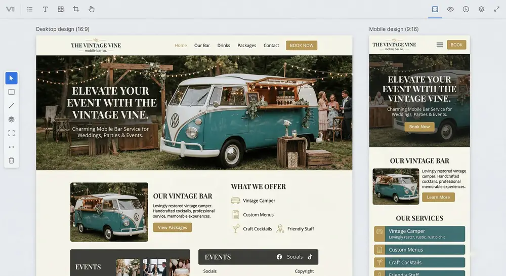 Web design concept for The Vintage Vine - Mobile bar / Events in UK
