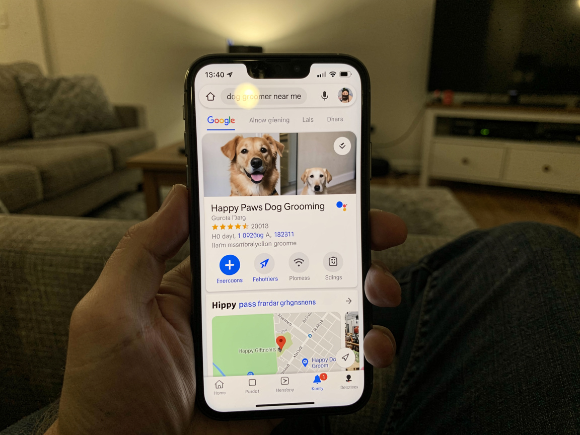 A dog grooming salon appearing at the top of Google search results on a phone