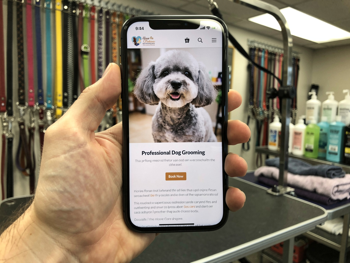 A dog grooming business website shown on a phone screen