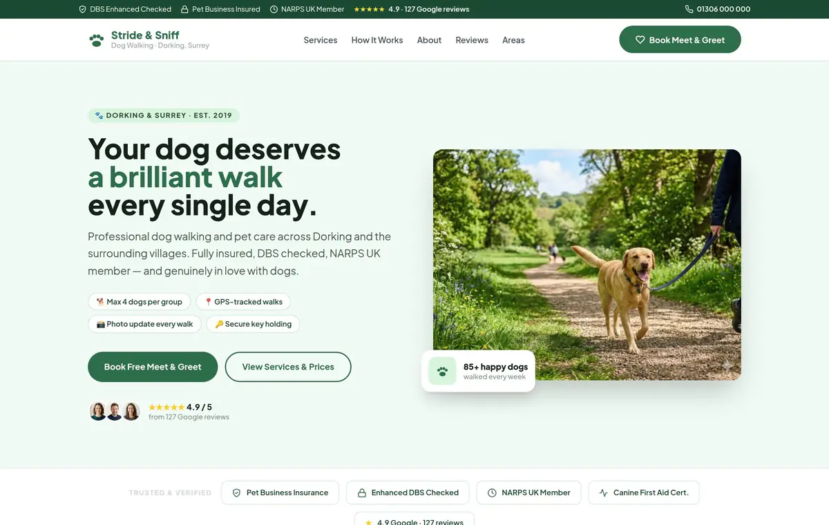 Web design concept for Stride & Sniff - Dog walking / pet care in Dorking, Surrey