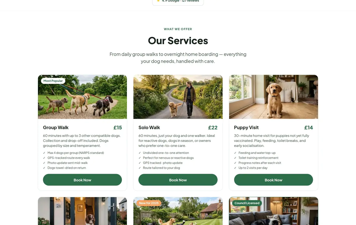 Dog walker website - services and pricing section