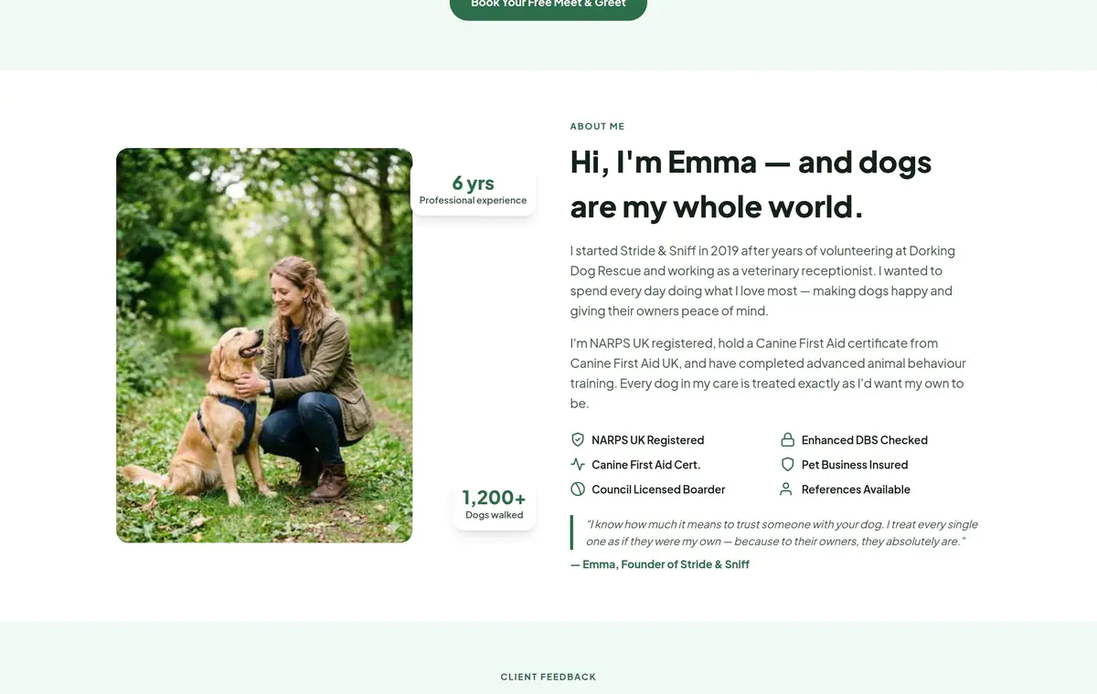 Dog walker website - about the owner section