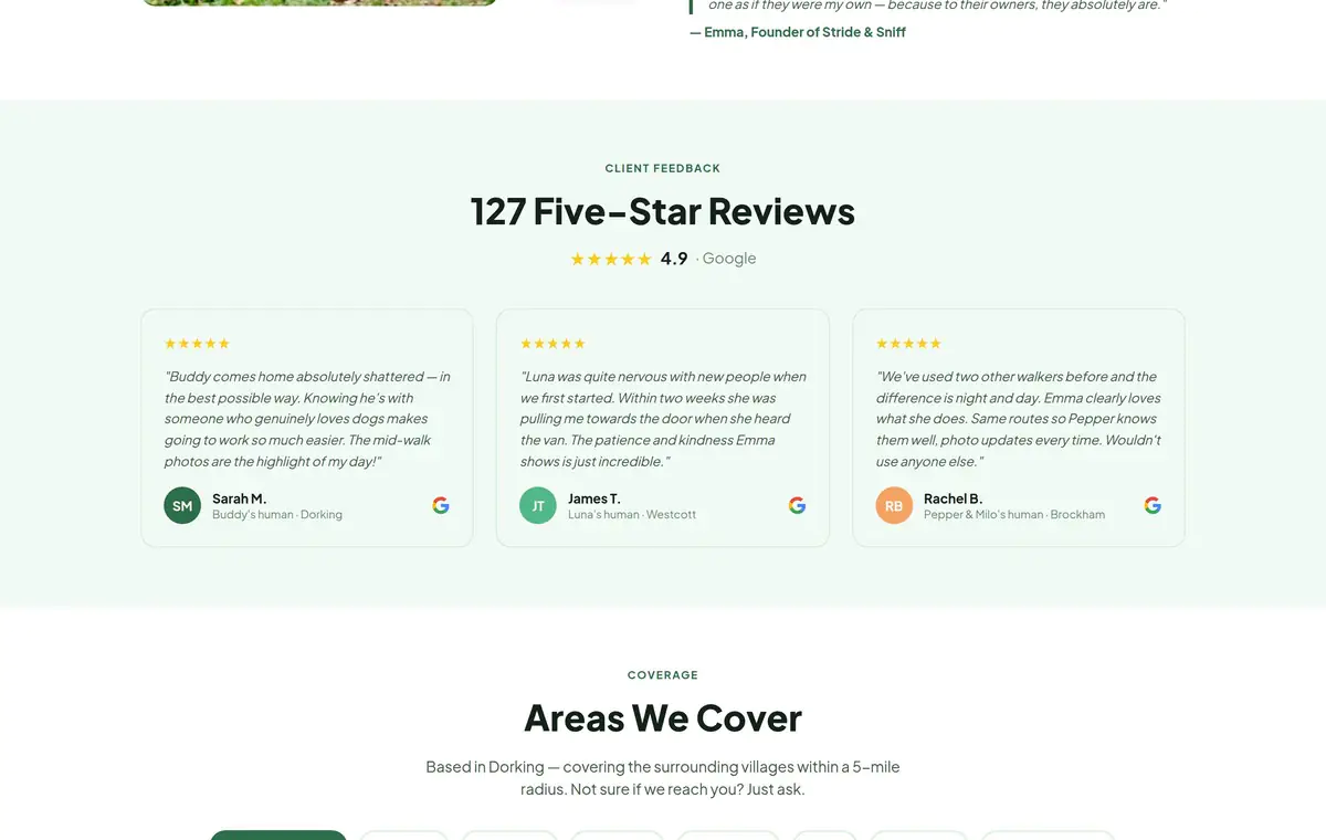 Dog walker website - customer testimonials