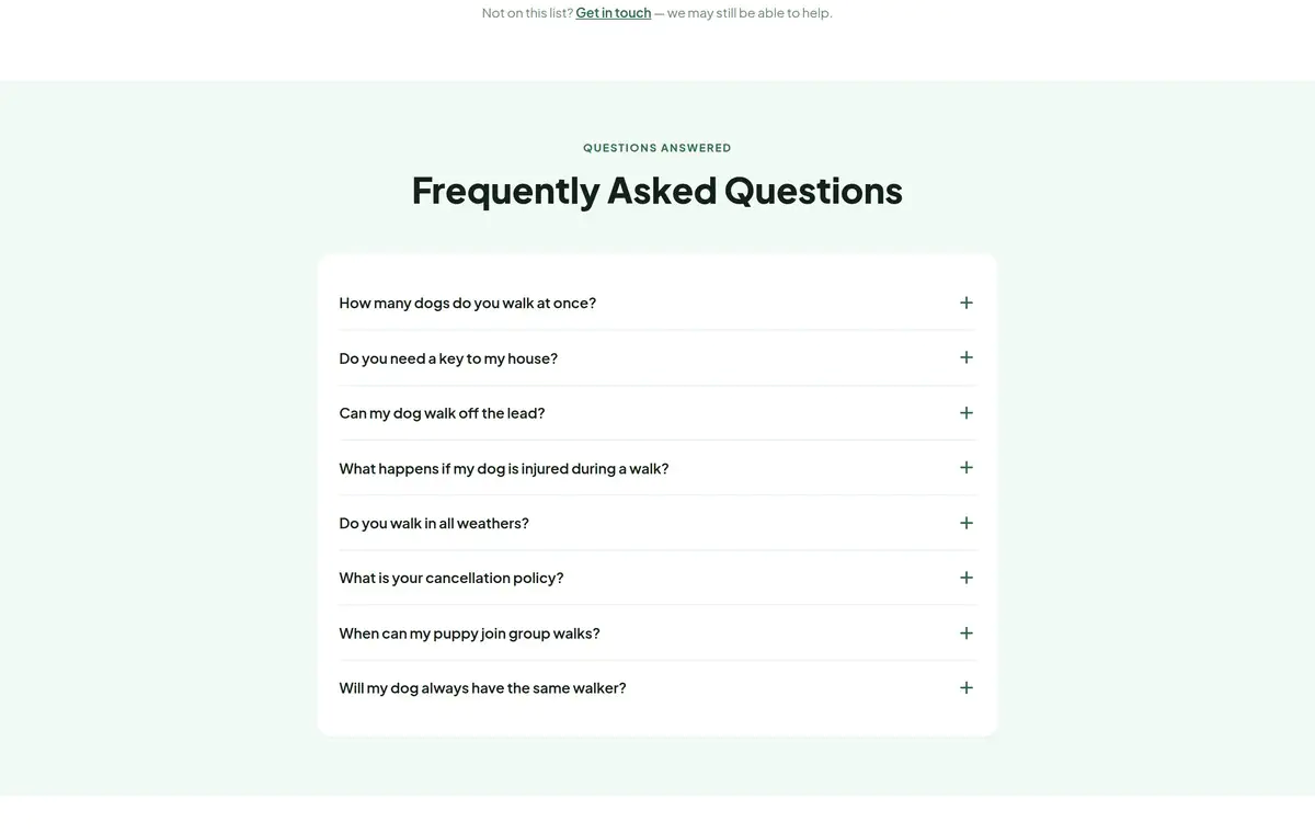Dog walker website - FAQ section