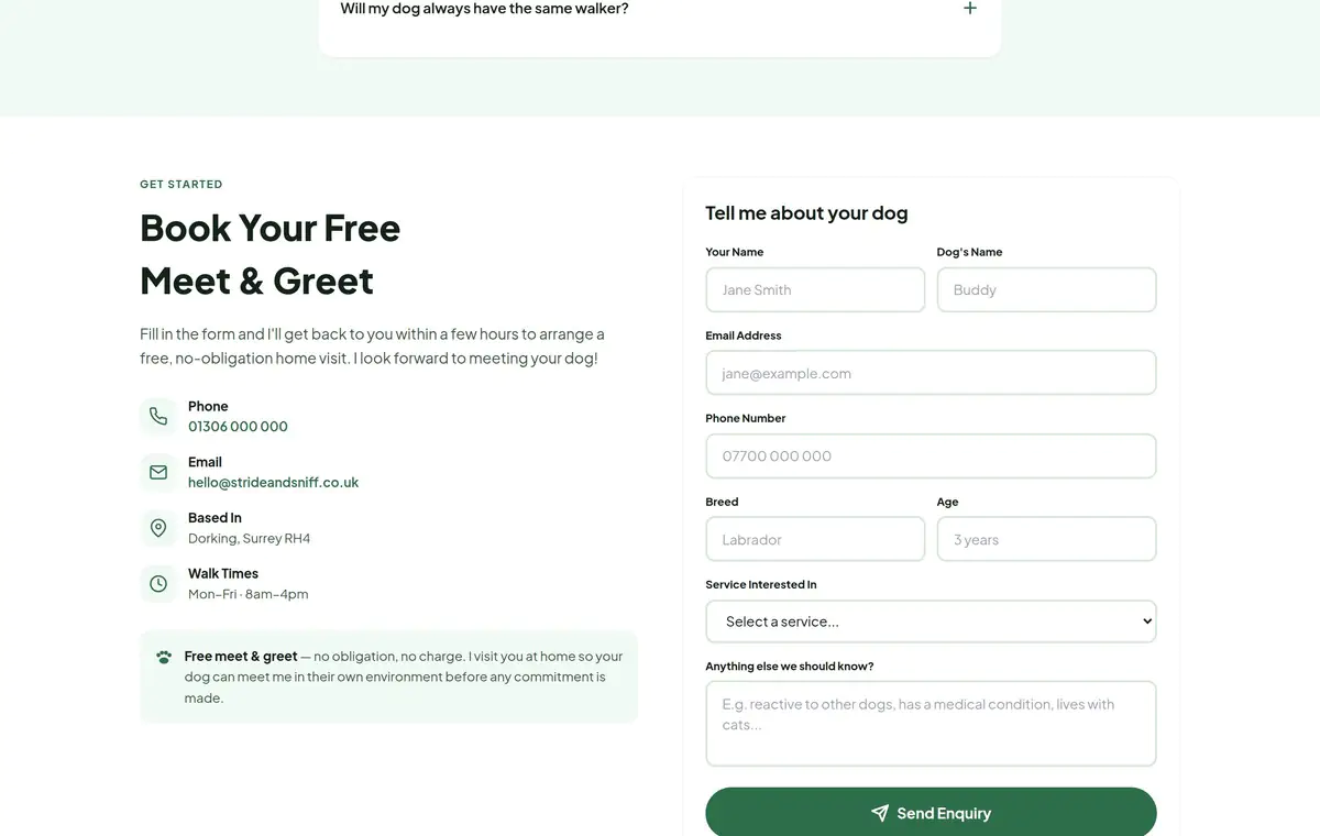 Dog walker website - contact form