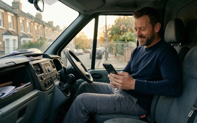 A tradesman sitting in his van checking his phone, smiling at a new customer enquiry from Google