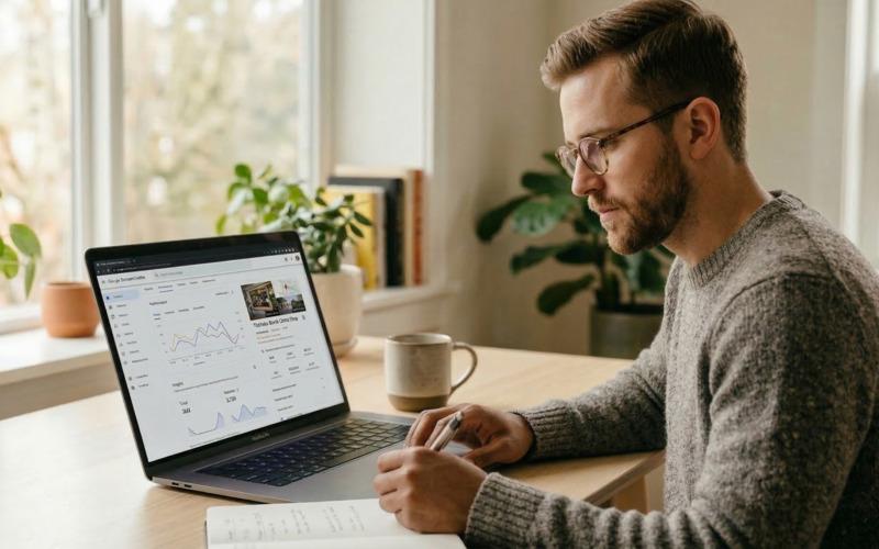 A consultant analysing a Google Business Profile dashboard on a laptop, taking notes