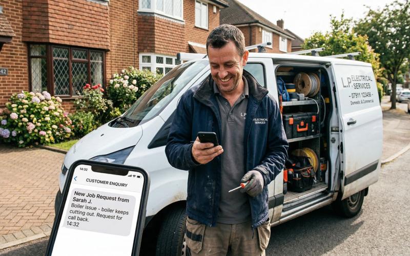 A tradesman smiling at a new customer enquiry on his phone, standing in front of his work van