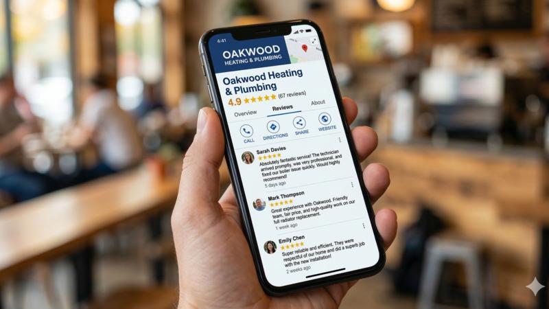 A Google Business Profile showing a 4.9 star rating with 67 reviews and several five-star review excerpts