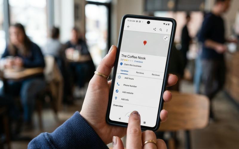 A hand holding a smartphone updating a Google Business Profile, adding missing information