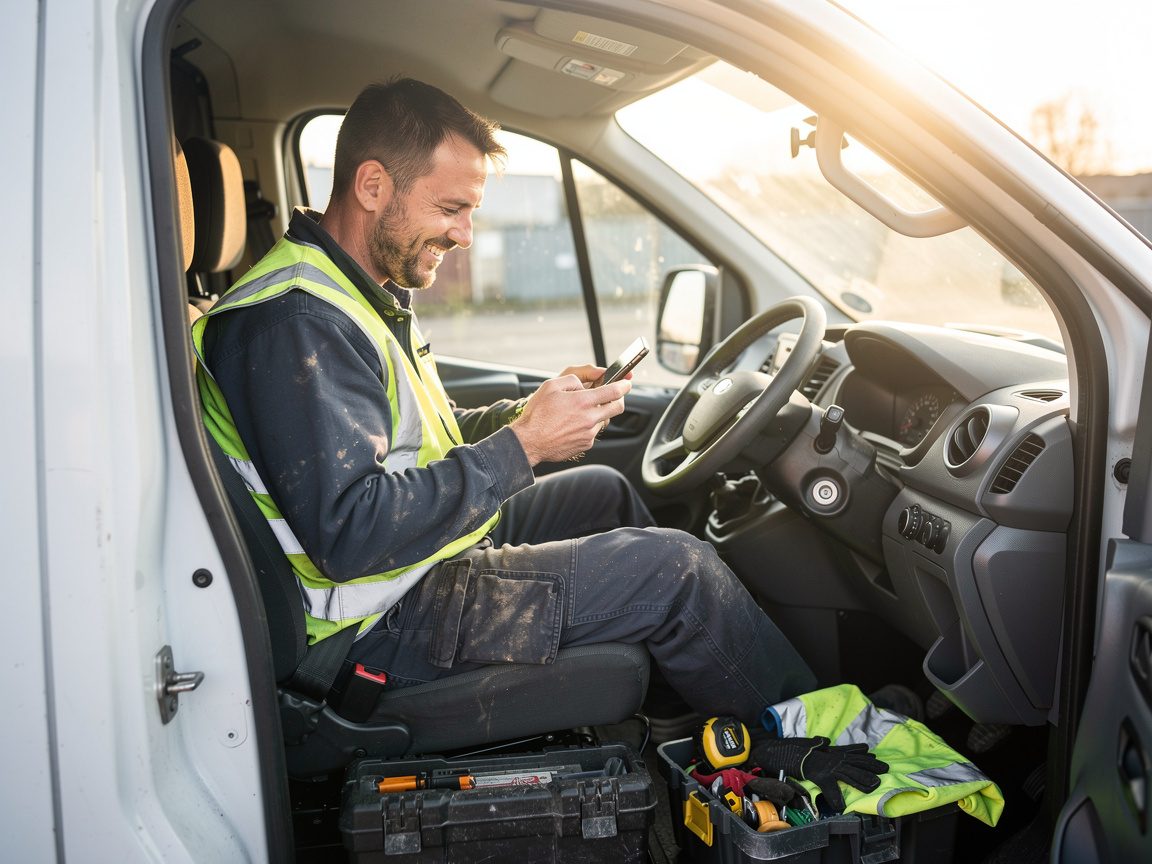 Landscaper smiling at a new enquiry from his website while sitting in his van after work