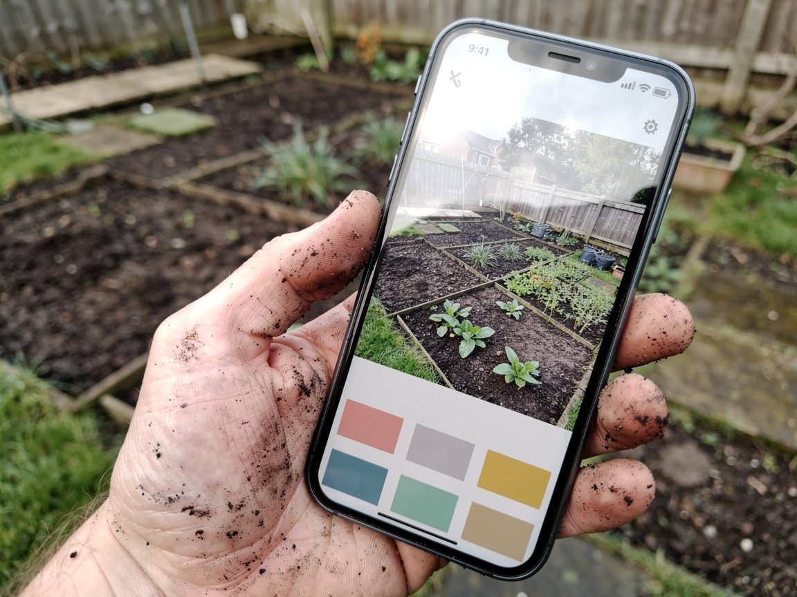 A landscaping business website shown on a phone screen held outdoors