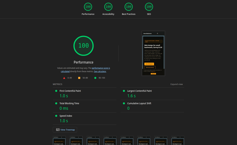 steveblackmore.dev Google Lighthouse report: Performance 100, Accessibility 100, Best Practices 100, SEO 100