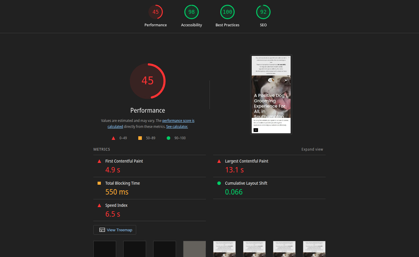 Squarespace Lighthouse report showing Performance 45, LCP 13.1s, FCP 4.9s