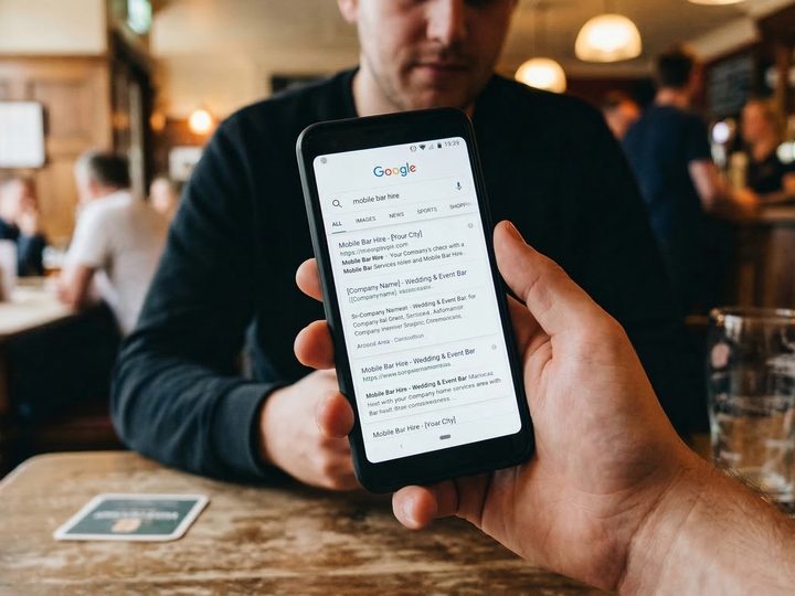Google search results for mobile bar hire on a phone screen