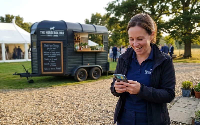 A mobile bar operator smiling at a new wedding booking notification on their phone at an event