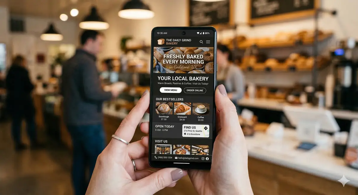 Mobile website design shown on a phone in a real bakery setting