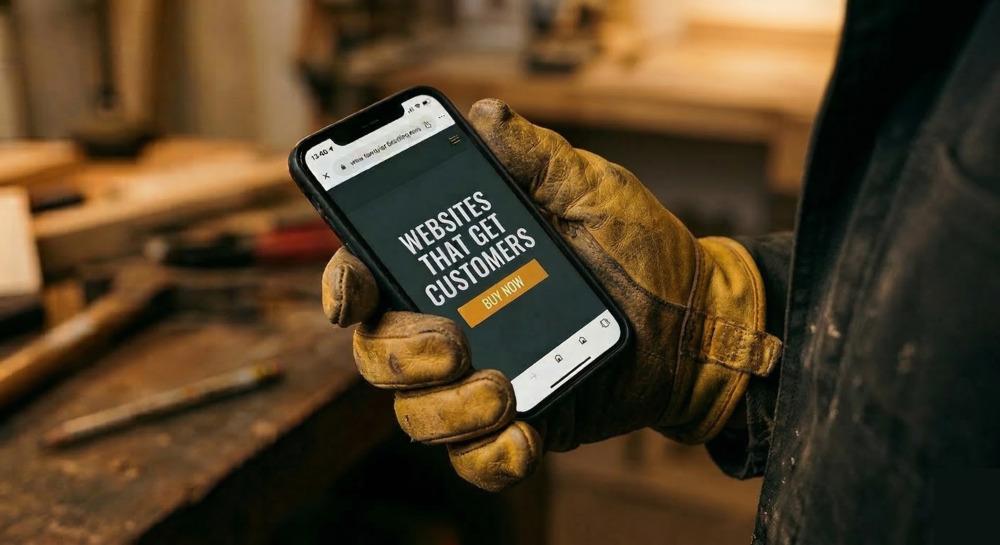 Tradesperson holding a phone showing a professional website