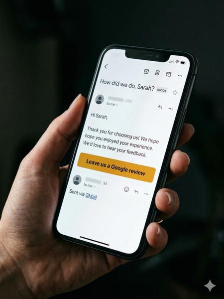 Review request email shown on a smartphone screen with a Leave us a Google review button