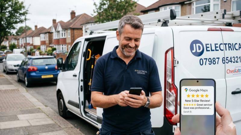 Tradesperson checking a new 5-star Google review on his phone next to his work van