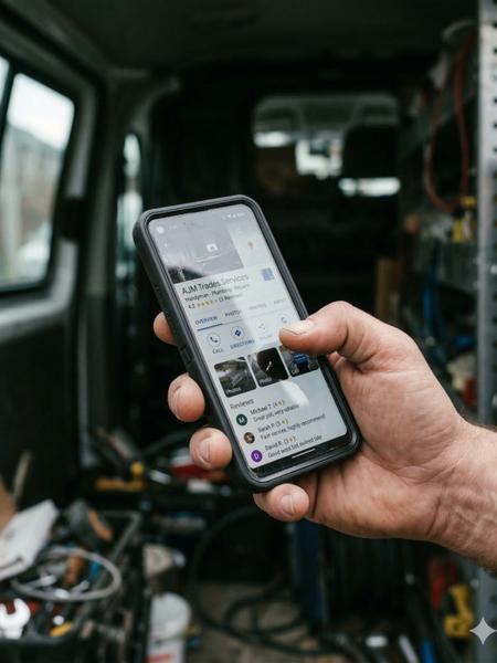 Tradesperson checking a sparse Google Business Profile with few reviews on their phone
