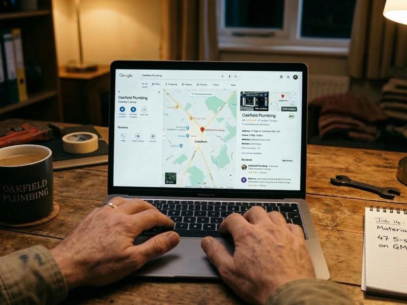 Tradesperson at their desk reviewing a Google Maps business listing with 47 five-star reviews