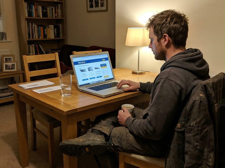 A homeowner at a kitchen table browsing a trailer hire website on a laptop to find a local box trailer