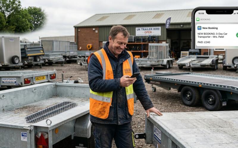 A trailer hire yard operator smiling at their phone after receiving a new booking enquiry