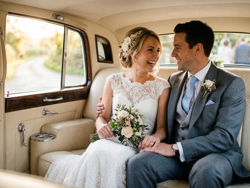 A happy bride and groom seated in the back of an elegant white wedding car on their wedding day