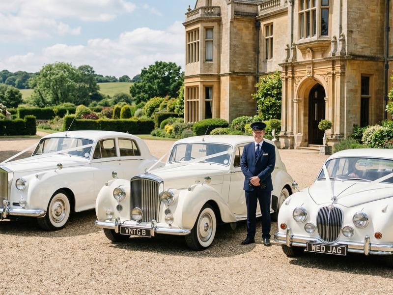 A small fleet of classic and vintage wedding cars lined up, decorated and ready for a wedding season