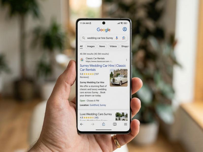 A wedding car hire business appearing at the top of Google search results on a mobile phone