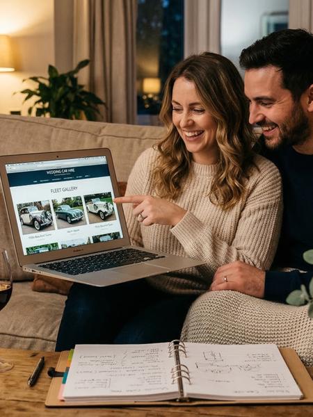 A couple planning their wedding together on a laptop in the evening, looking at wedding car hire options