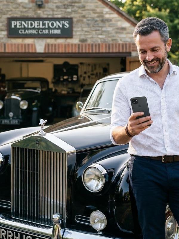 A wedding car hire business owner smiling at a new enquiry notification on his phone