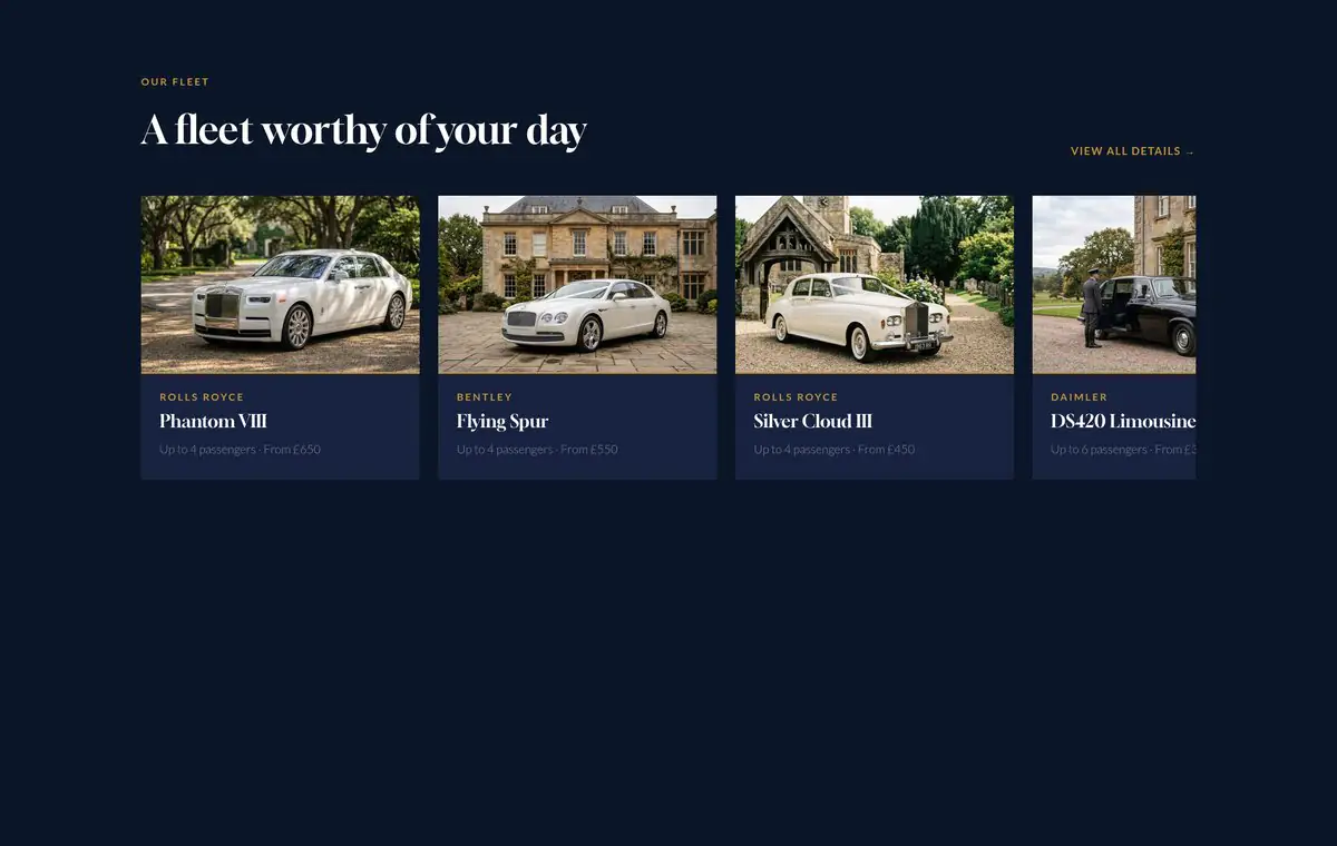 Wedding car hire website - fleet overview section