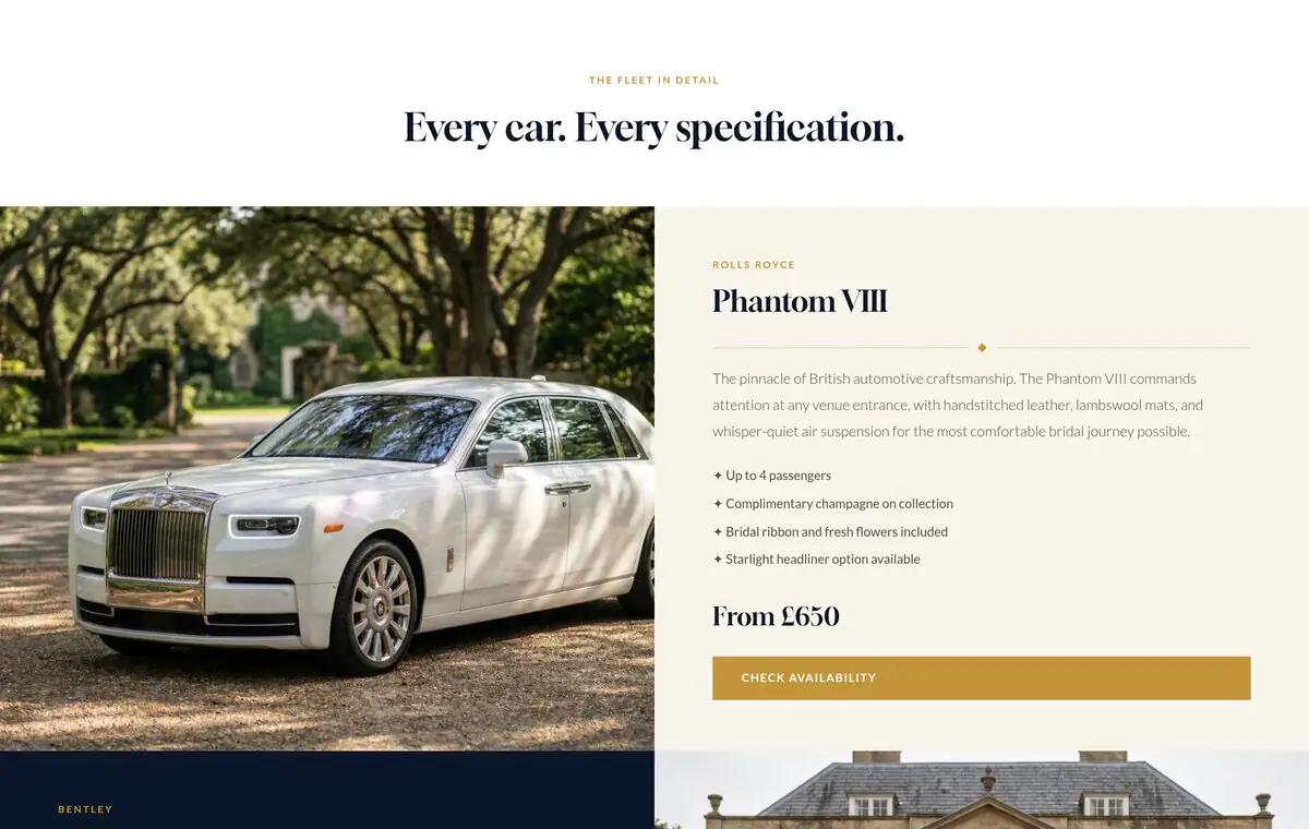 Wedding car hire website - individual car detail