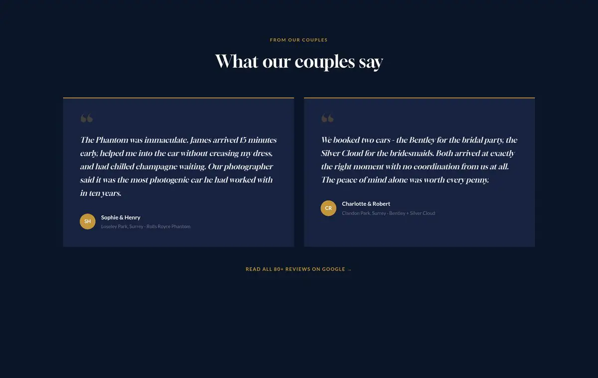 Wedding car hire website - customer reviews