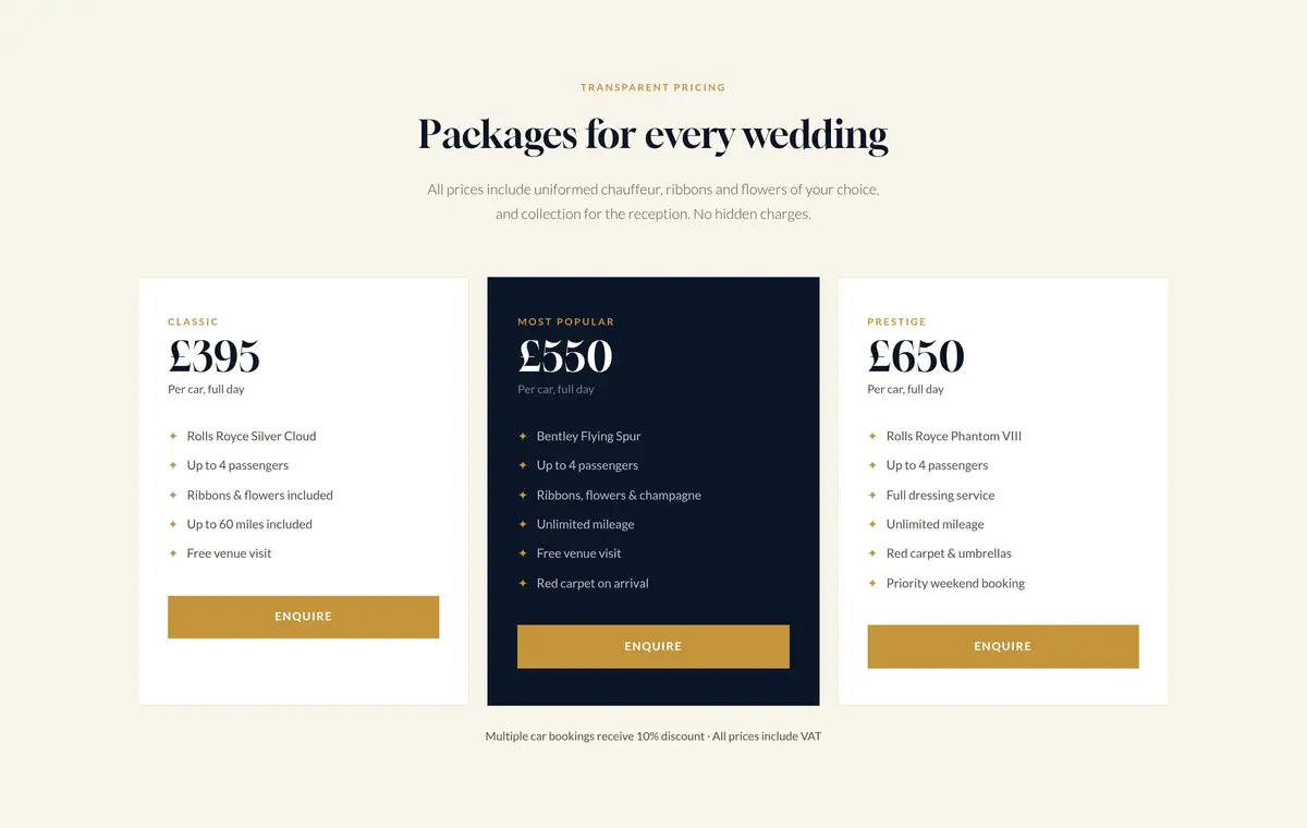 Wedding car hire website - package pricing