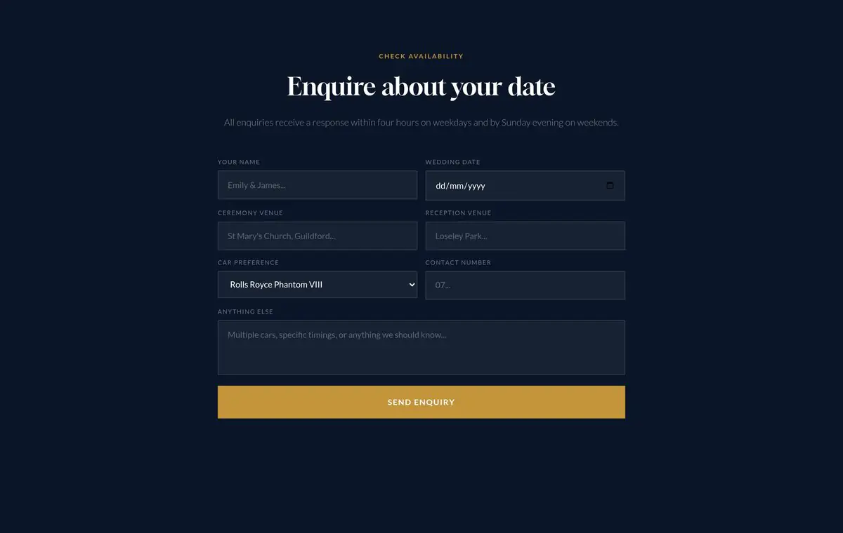 Wedding car hire website - booking enquiry form